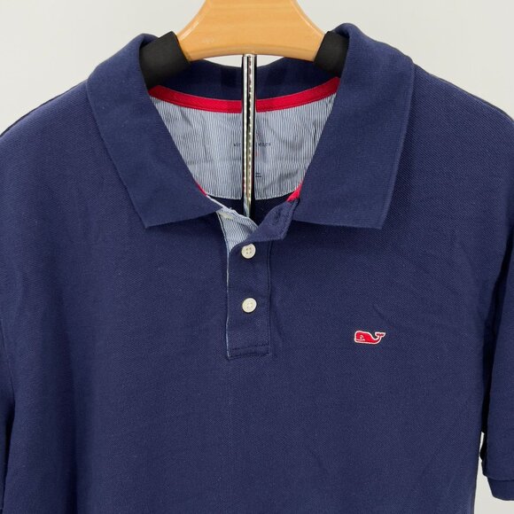 Vineyard Vines Mens Polo Shirt L Large 100% Cotton Solid Blue Red Logo Short Sle - Picture 1 of 7
